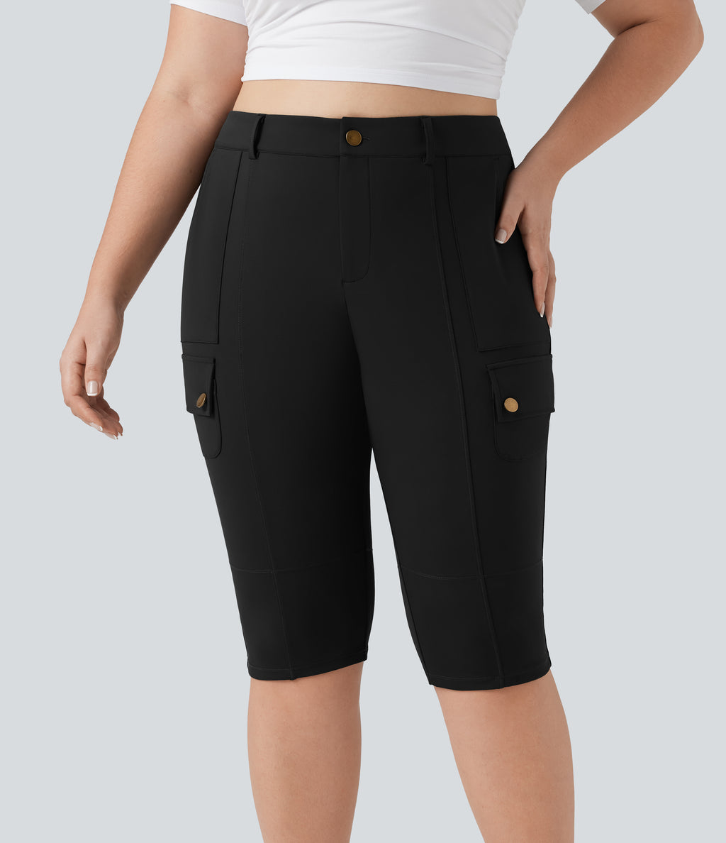 High Waisted Skinny Pedal Pusher Casual Plus Size Cargo Trousers with Pockets — Black — view 1