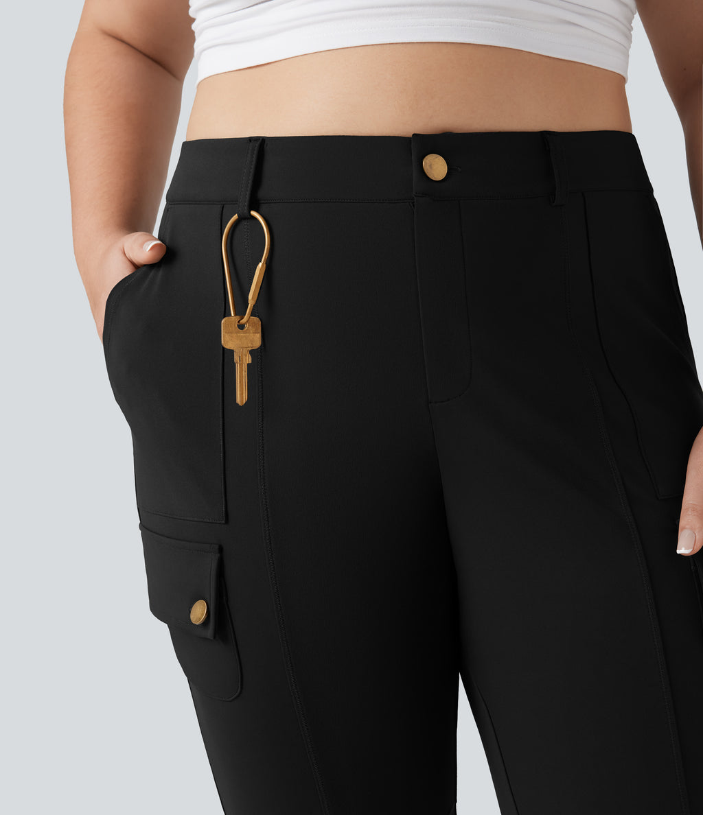 High Waisted Skinny Pedal Pusher Casual Plus Size Cargo Trousers with Pockets — Black — view 5