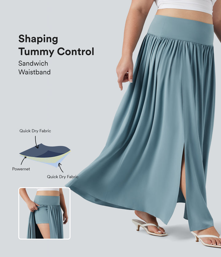 High Waisted Tummy Control 2-in-1 Flowy Quick Dry Maxi Plus Size Skirt — Stone Blue — view 1