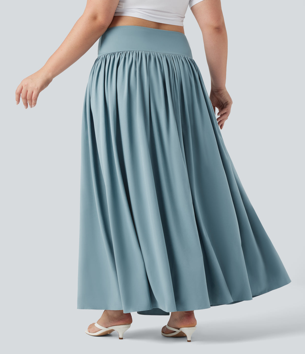 High Waisted Tummy Control 2-in-1 Flowy Quick Dry Maxi Plus Size Skirt — Stone Blue — view 2