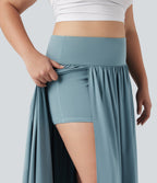 High Waisted Tummy Control 2-in-1 Flowy Quick Dry Maxi Plus Size Skirt — Stone Blue — view 4