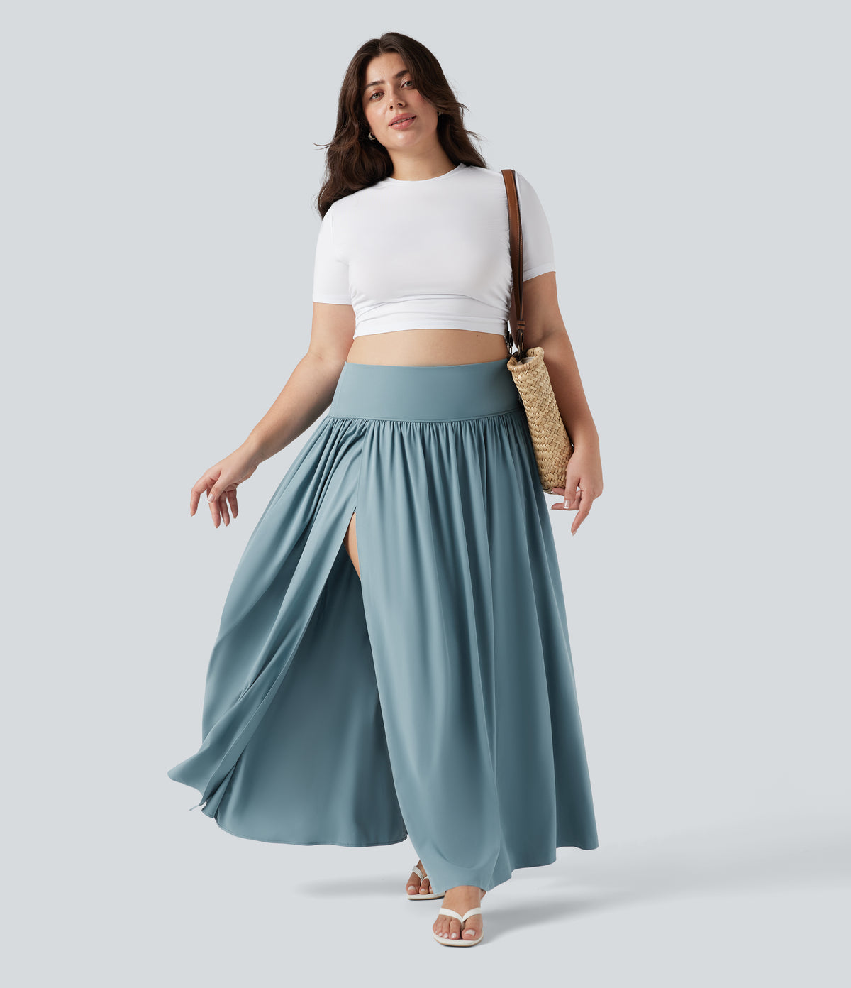 High Waisted Tummy Control 2-in-1 Flowy Quick Dry Maxi Plus Size Skirt — Stone Blue — view 6