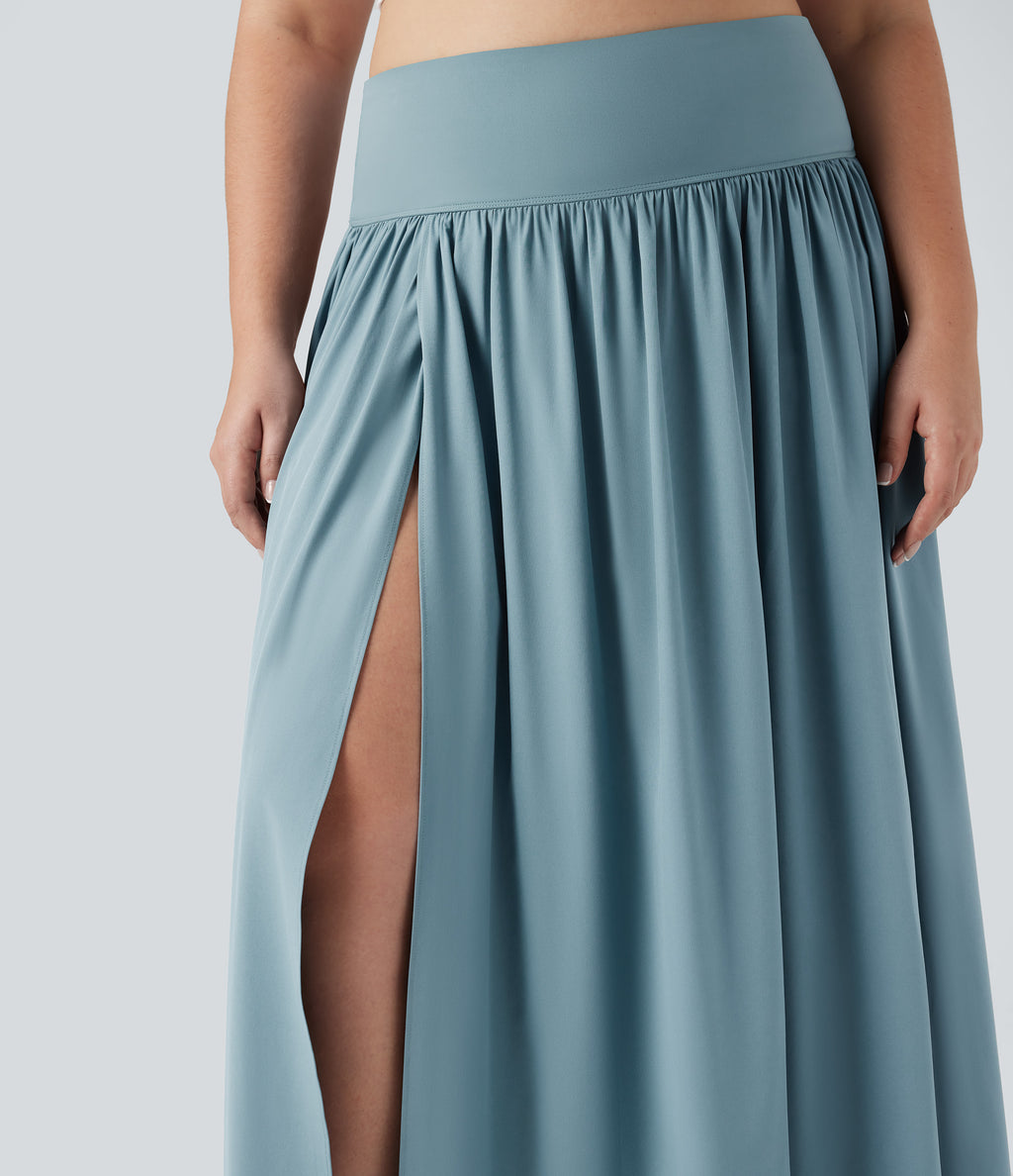 High Waisted Tummy Control 2-in-1 Flowy Quick Dry Maxi Plus Size Skirt — Stone Blue — view 5