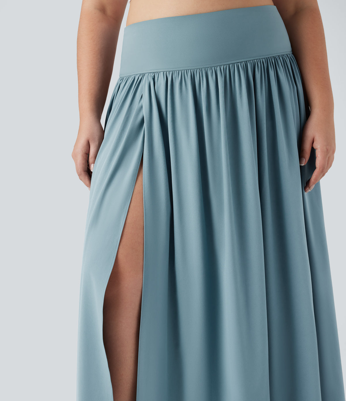 High Waisted Tummy Control 2-in-1 Flowy Quick Dry Maxi Plus Size Skirt — Stone Blue — view 5