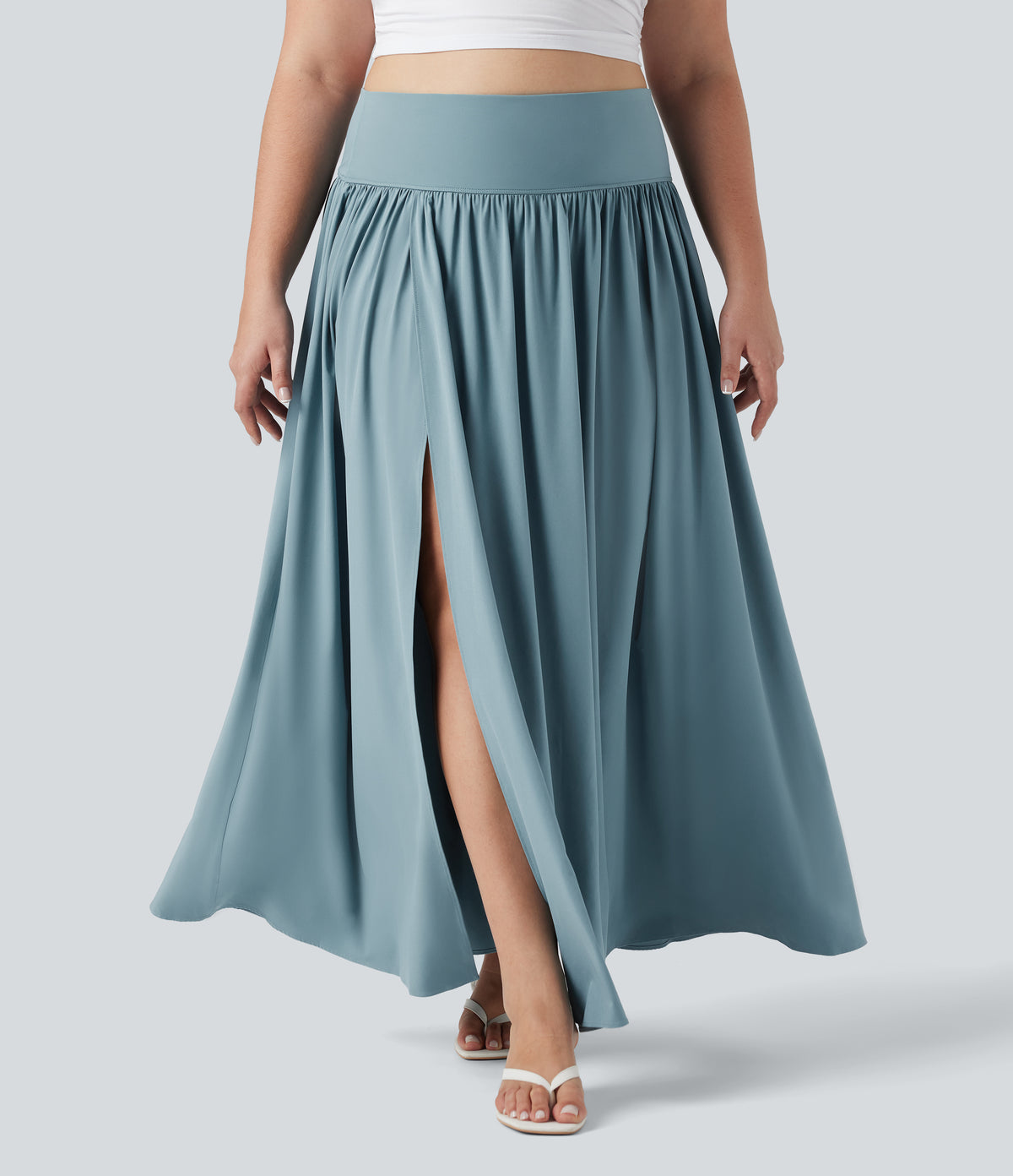 High Waisted Tummy Control 2-in-1 Flowy Quick Dry Maxi Plus Size Skirt — Stone Blue — view 3