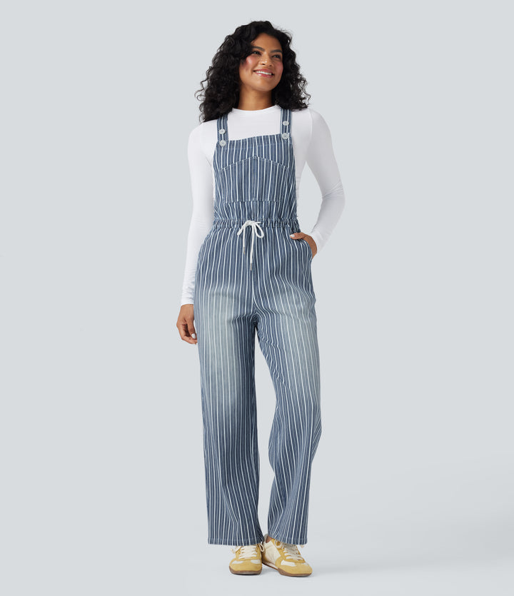 Drawstring Stripe Straight Leg Denim Casual Dungarees with Pockets — Tide Blue Denim — view 1