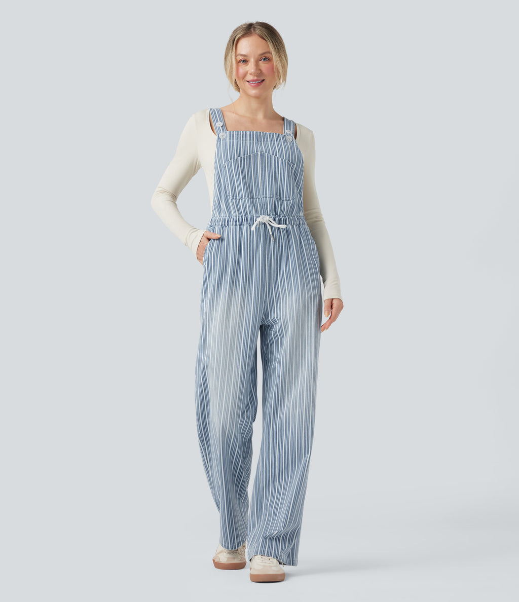 Drawstring Stripe Straight Leg Denim Casual Dungarees with Pockets — Blue Jasper Denim — view 8