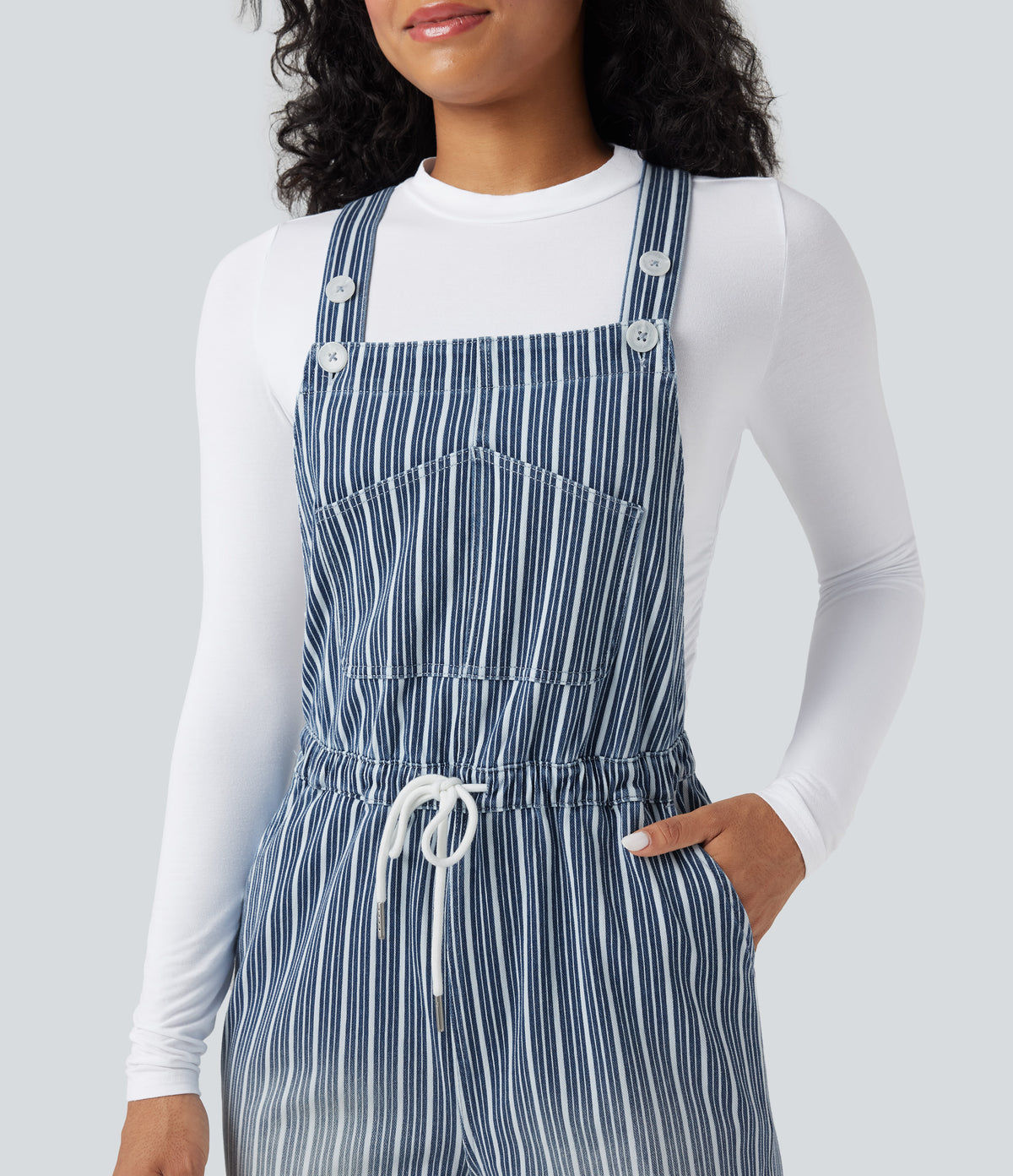 Drawstring Stripe Straight Leg Denim Casual Dungarees with Pockets — Tide Blue Denim — view 5