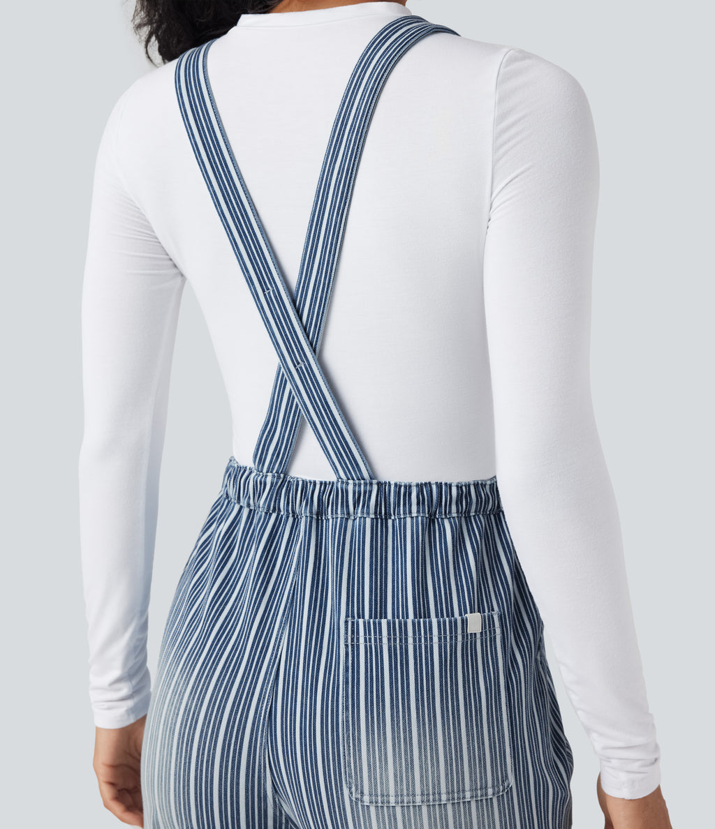 Drawstring Stripe Straight Leg Denim Casual Dungarees with Pockets — Tide Blue Denim — view 4