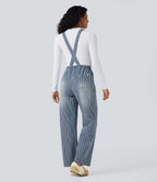 Drawstring Stripe Straight Leg Denim Casual Dungarees with Pockets — Tide Blue Denim — view 2