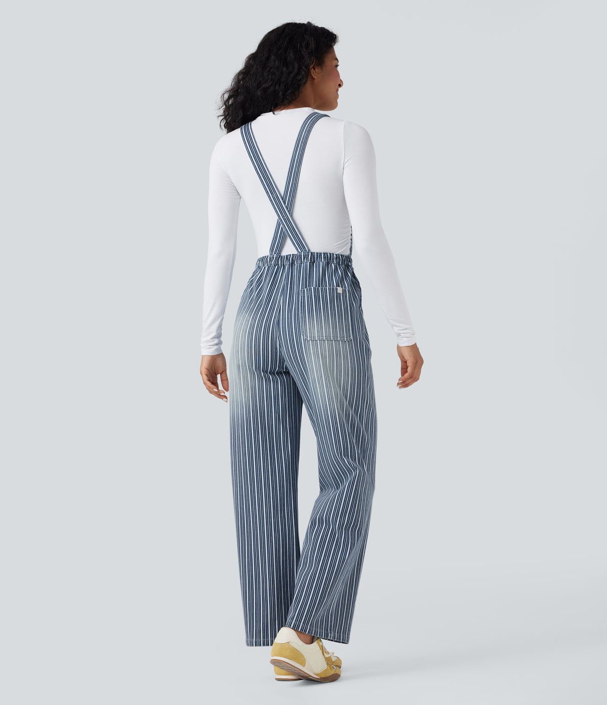 Drawstring Stripe Straight Leg Denim Casual Dungarees with Pockets — Tide Blue Denim — view 2