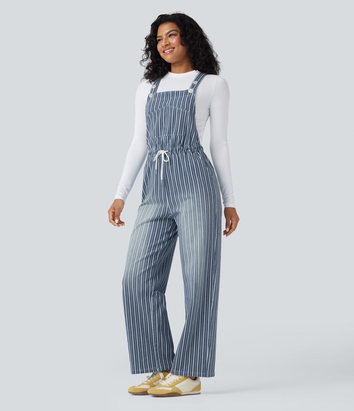 Drawstring Stripe Straight Leg Denim Casual Dungarees with Pockets — Tide Blue Denim — view 3