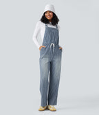 Drawstring Stripe Straight Leg Denim Casual Dungarees with Pockets — Tide Blue Denim — view 6