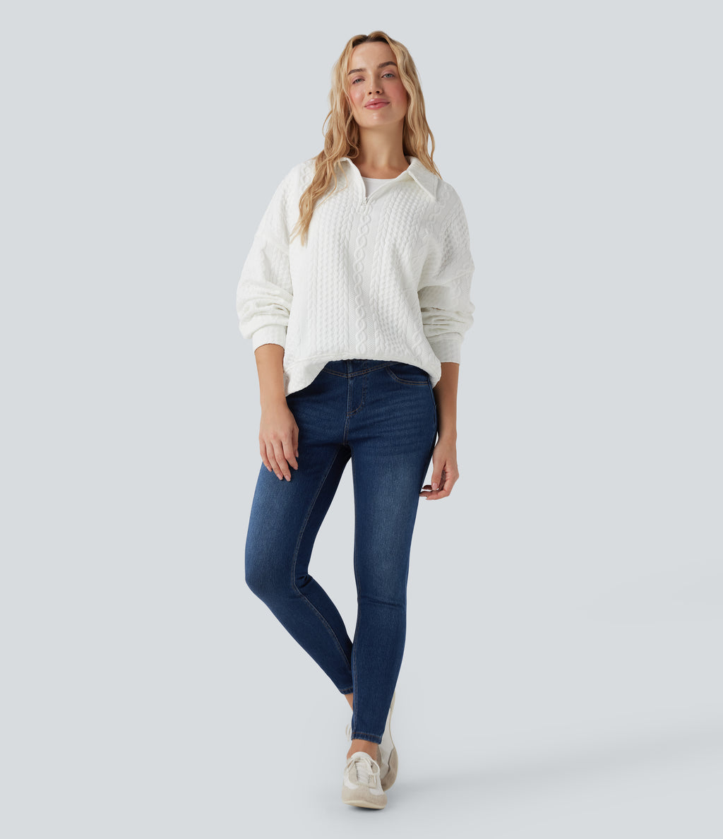 High Waisted Denim Casual Skinny 7/8 Leggings with Pockets — Pageant Blue Denim — view 5
