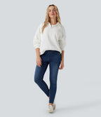 High Waisted Denim Casual Skinny 7/8 Leggings with Pockets — Pageant Blue Denim — view 5