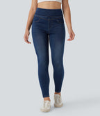 High Waisted Denim Casual Skinny 7/8 Leggings with Pockets — Pageant Blue Denim — view 2