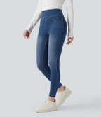 High Waisted Denim Casual Skinny 7/8 Leggings with Pockets — Estate Blue Denim — view 6