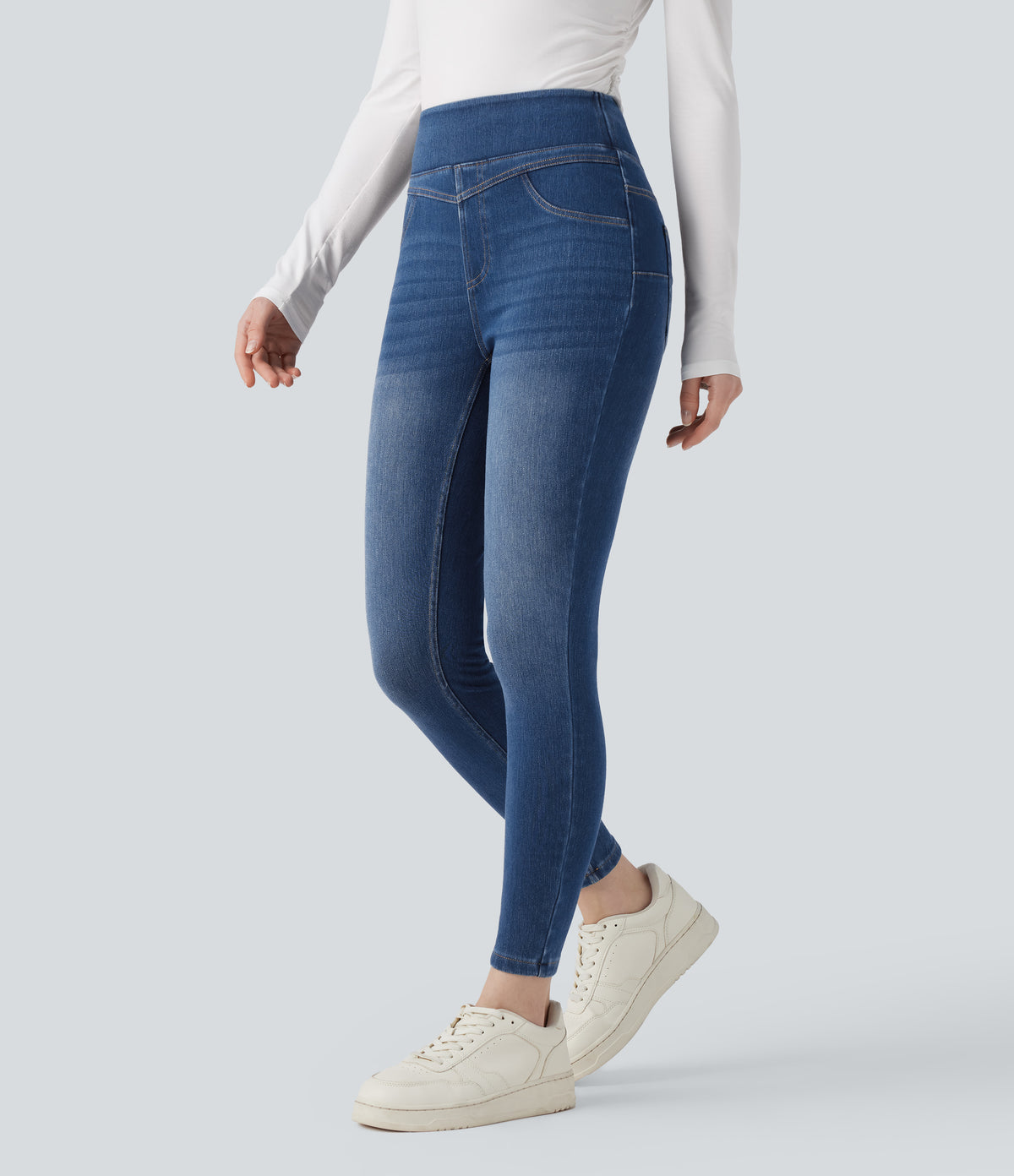 High Waisted Denim Casual Skinny 7/8 Leggings with Pockets — Estate Blue Denim — view 6