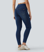 High Waisted Denim Casual Skinny 7/8 Leggings with Pockets — Pageant Blue Denim — view 1