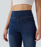 High Waisted Denim Casual Skinny 7/8 Leggings with Pockets — Pageant Blue Denim — view 3