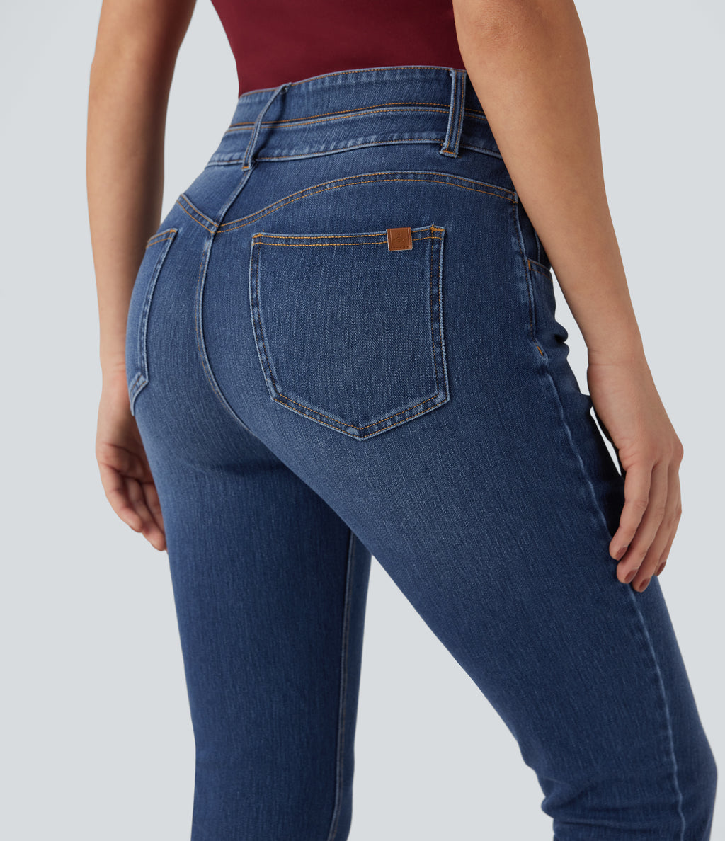 Mid Rise Double Waistband Casual Slim Jeans with Pockets — Estate Blue Denim — view 5