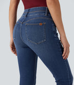 Mid Rise Double Waistband Casual Slim Jeans with Pockets — Estate Blue Denim — view 5