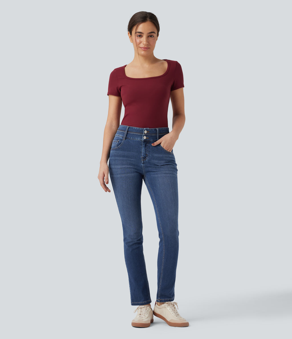 Mid Rise Double Waistband Casual Slim Jeans with Pockets — Estate Blue Denim — view 6
