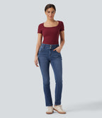 Mid Rise Double Waistband Casual Slim Jeans with Pockets — Estate Blue Denim — view 6