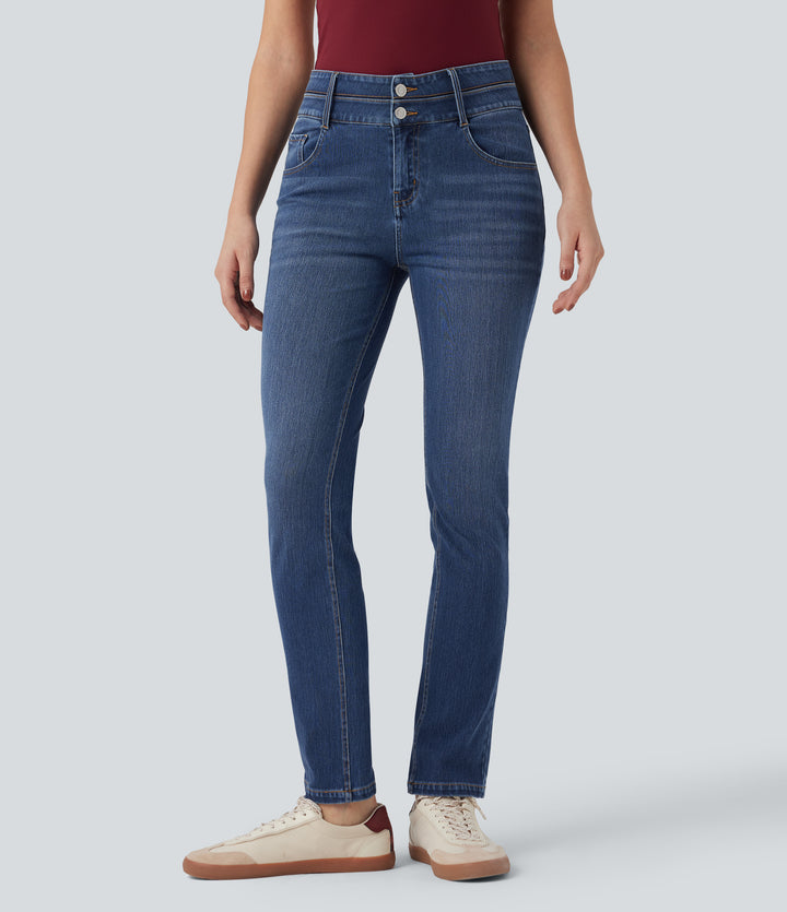 Mid Rise Double Waistband Casual Slim Jeans with Pockets — Estate Blue Denim — view 1