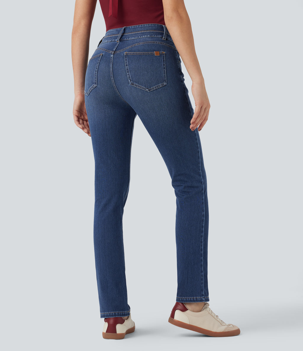 Mid Rise Double Waistband Casual Slim Jeans with Pockets — Estate Blue Denim — view 2
