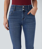 Mid Rise Double Waistband Casual Slim Jeans with Pockets — Estate Blue Denim — view 4