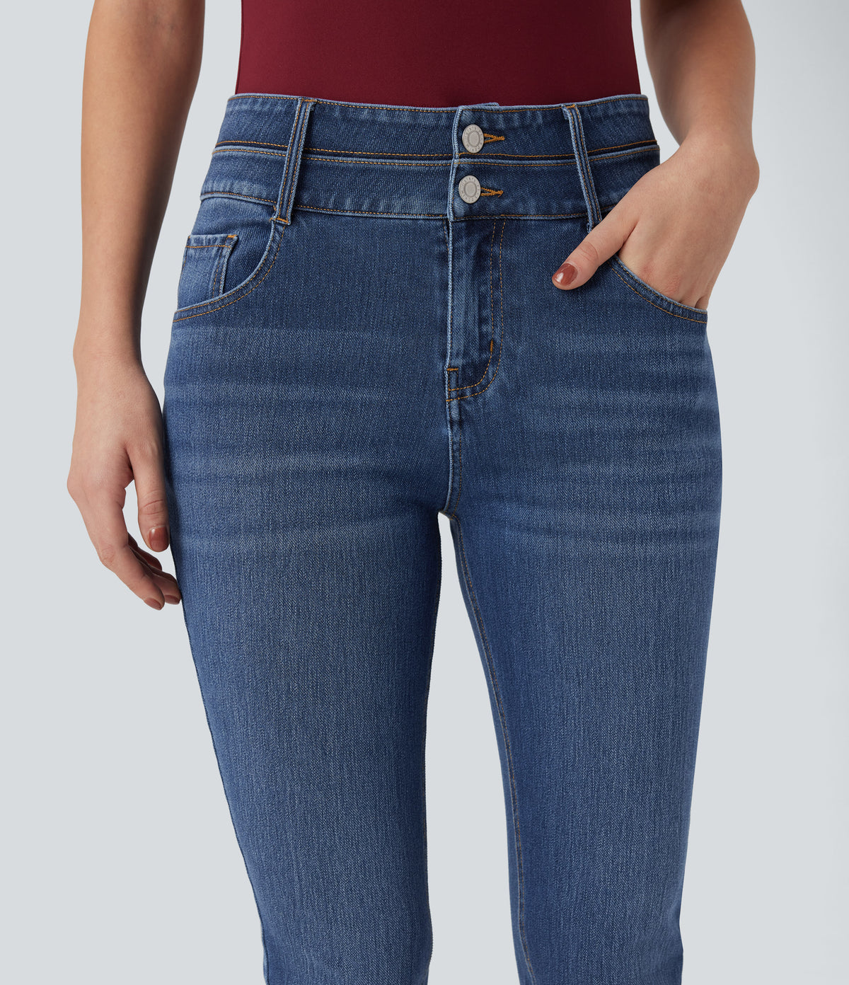 Mid Rise Double Waistband Casual Slim Jeans with Pockets — Estate Blue Denim — view 4
