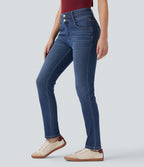 Mid Rise Double Waistband Casual Slim Jeans with Pockets — Estate Blue Denim — view 3