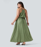 Plus Size Maxi Flowy Slip Dress with Pockets — Light Green Floral Yarn — view 2