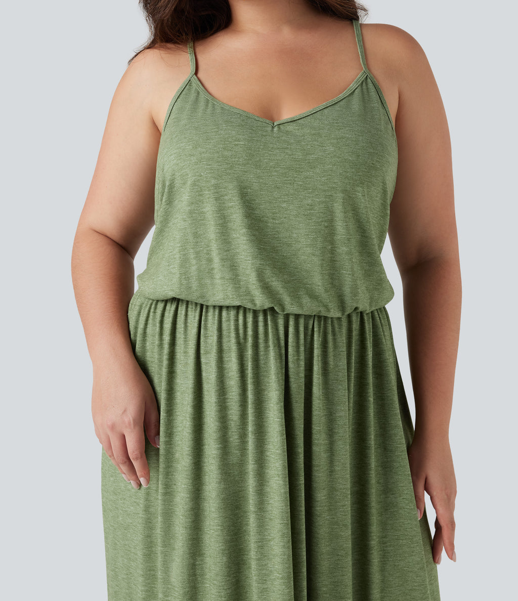 Plus Size Maxi Flowy Slip Dress with Pockets — Light Green Floral Yarn — view 5