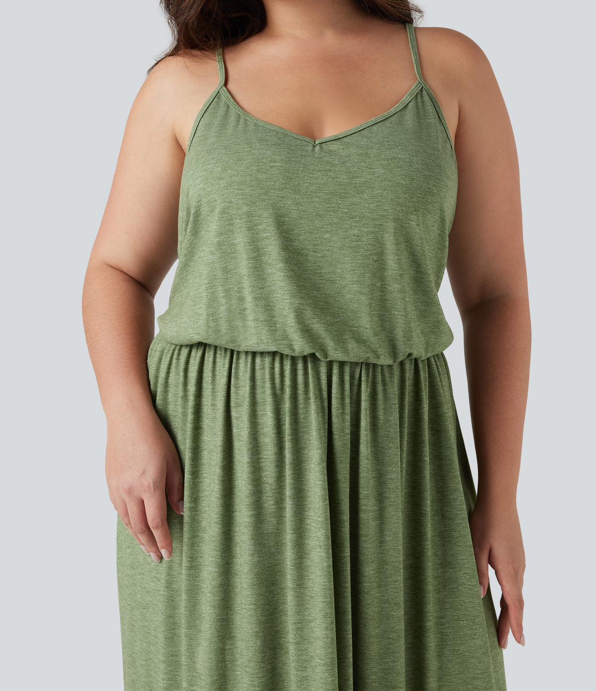Plus Size Maxi Flowy Slip Dress with Pockets — Light Green Floral Yarn — view 5