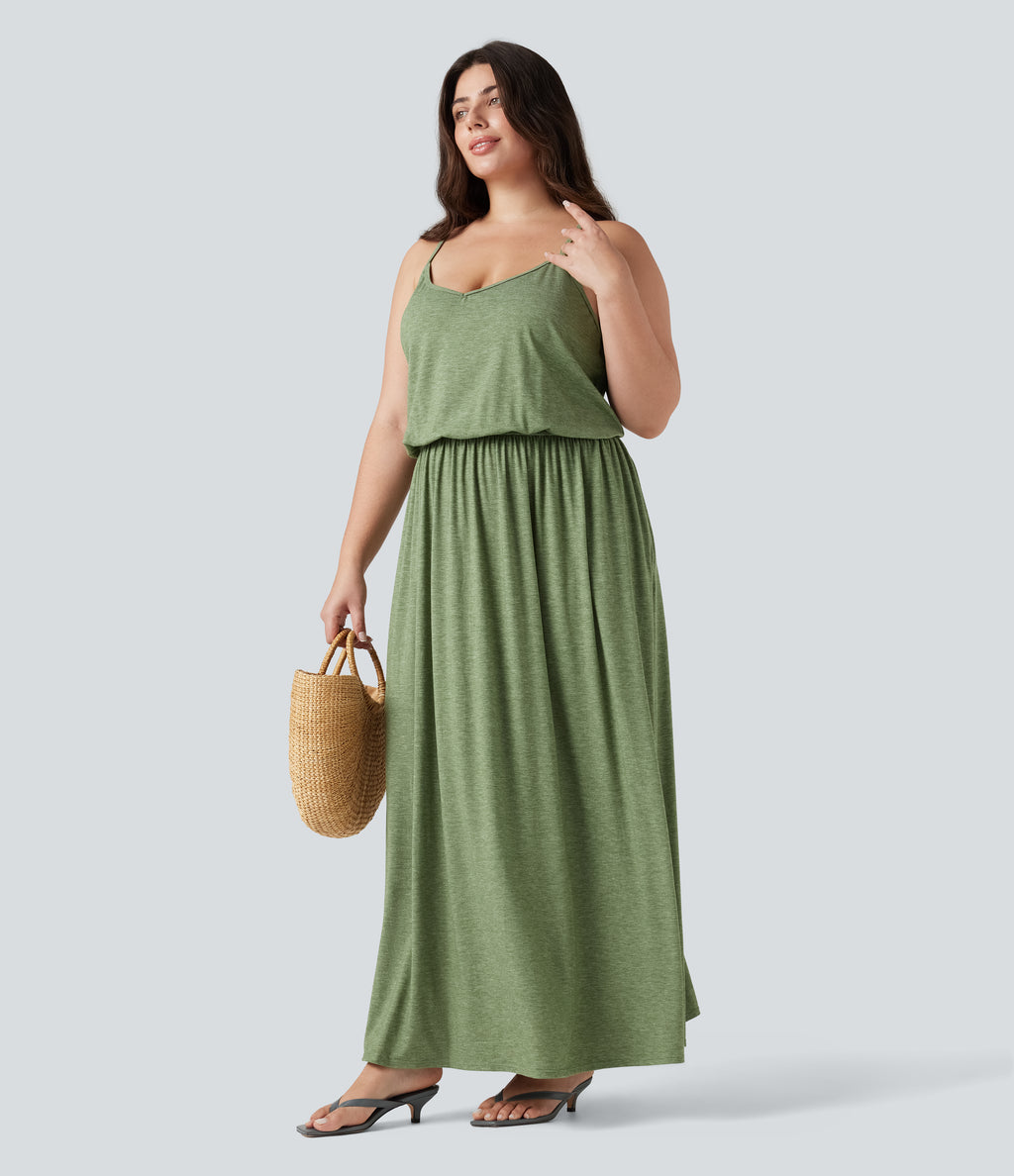 Plus Size Maxi Flowy Slip Dress with Pockets — Light Green Floral Yarn — view 1