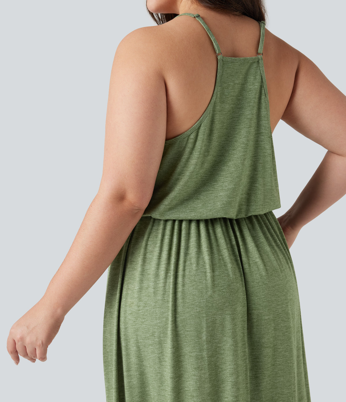 Plus Size Maxi Flowy Slip Dress with Pockets — Light Green Floral Yarn — view 4