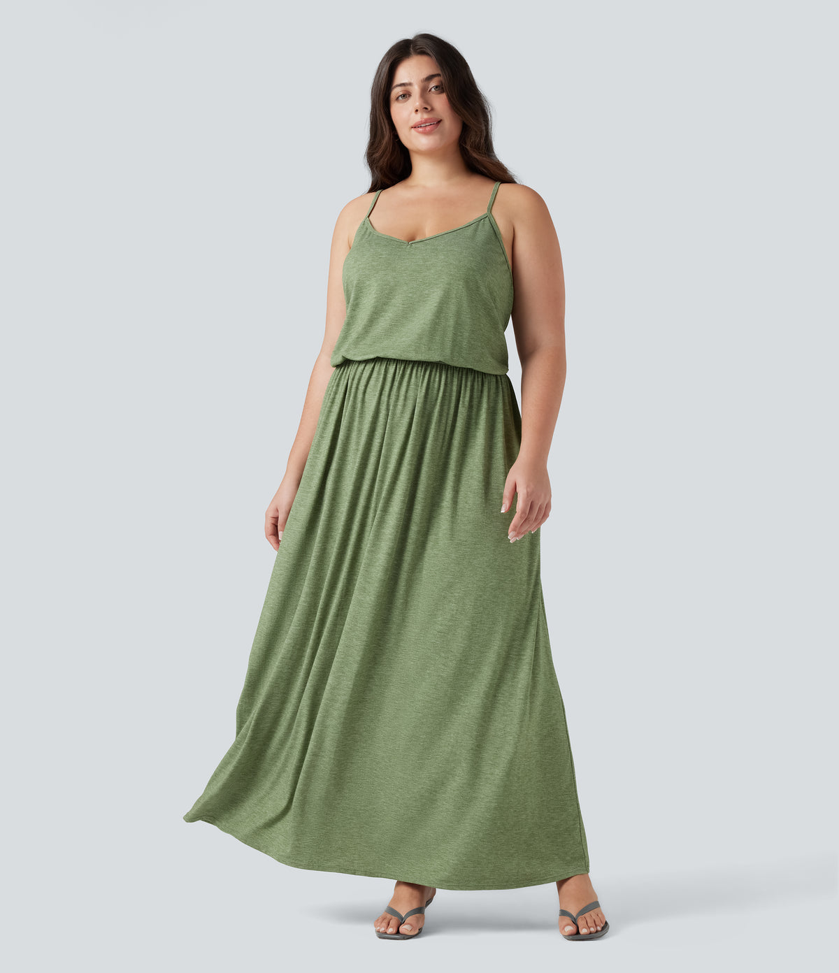Plus Size Maxi Flowy Slip Dress with Pockets — Light Green Floral Yarn — view 3