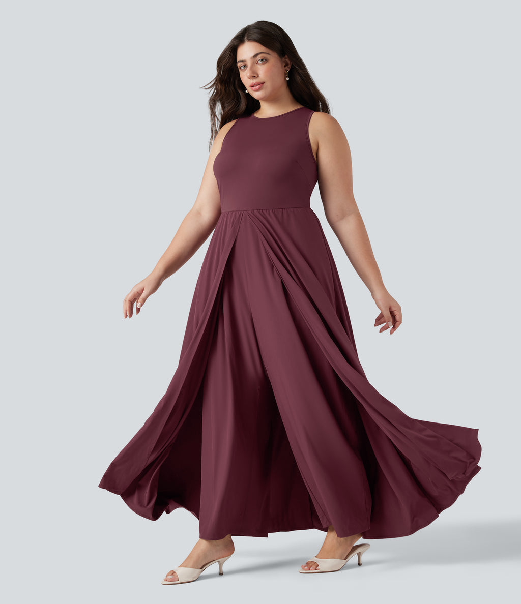 Plus Size Sleeveless Quick Dry Overlay Jumpsuit with Pockets — Amaranth — view 3