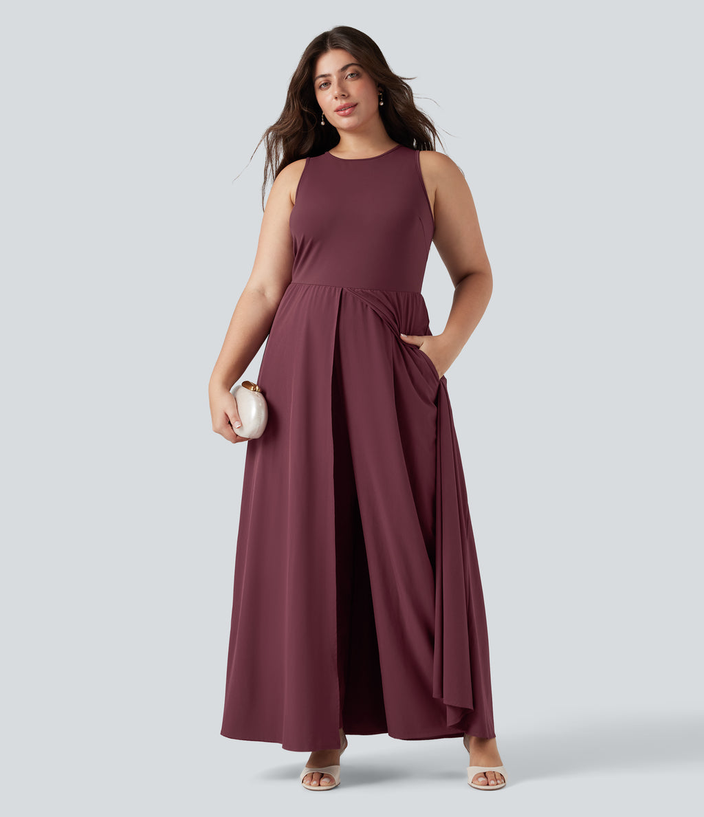 Plus Size Sleeveless Quick Dry Overlay Jumpsuit with Pockets — Amaranth — view 1