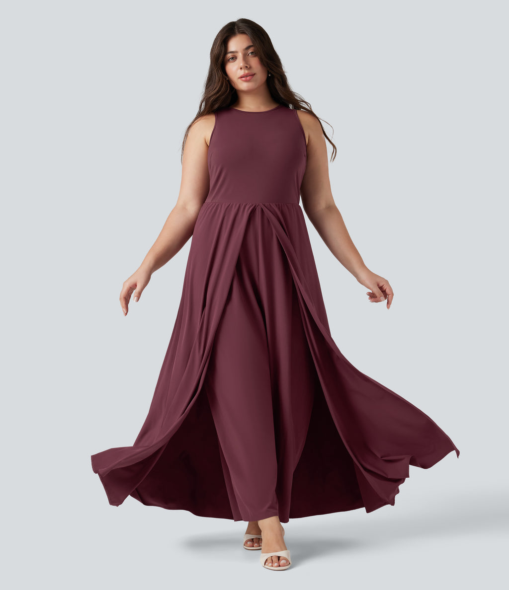 Plus Size Sleeveless Quick Dry Overlay Jumpsuit with Pockets — Amaranth — view 4