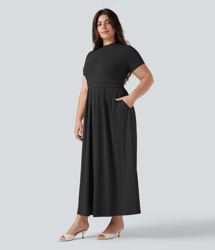 Plus Size Stand Collar Short Sleeve Flare Maxi Casual Dress with Pockets — Black — view 6