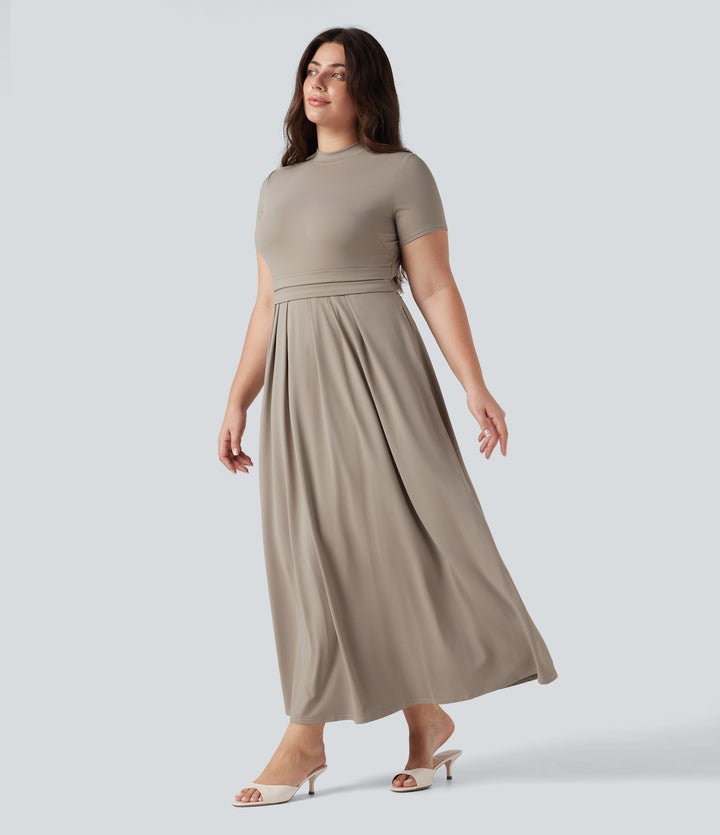 Plus Size Stand Collar Short Sleeve Flare Maxi Casual Dress with Pockets — Weathered Teak — view 1