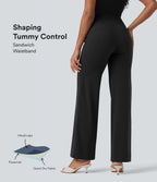 High Waisted Tummy Control Straight Leg Work Trousers with Pockets — Black — view 1