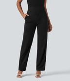 High Waisted Tummy Control Straight Leg Work Trousers with Pockets — Black — view 3
