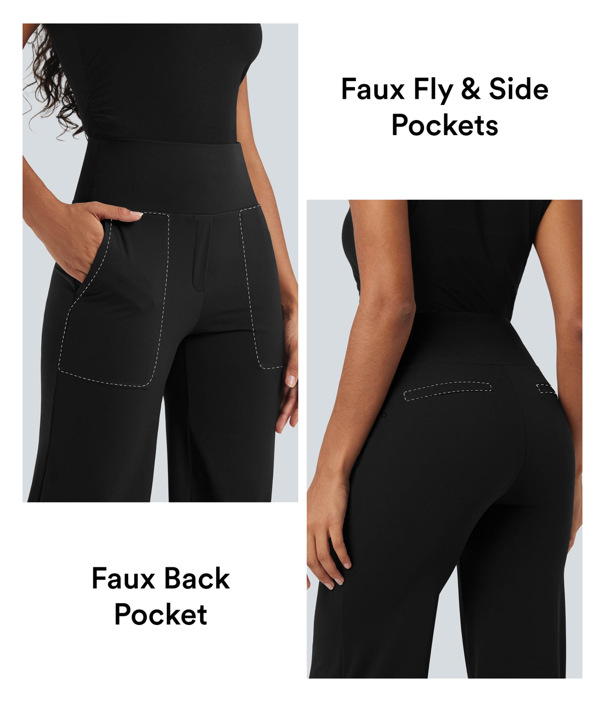 High Waisted Tummy Control Straight Leg Work Trousers with Pockets — Black — view 2