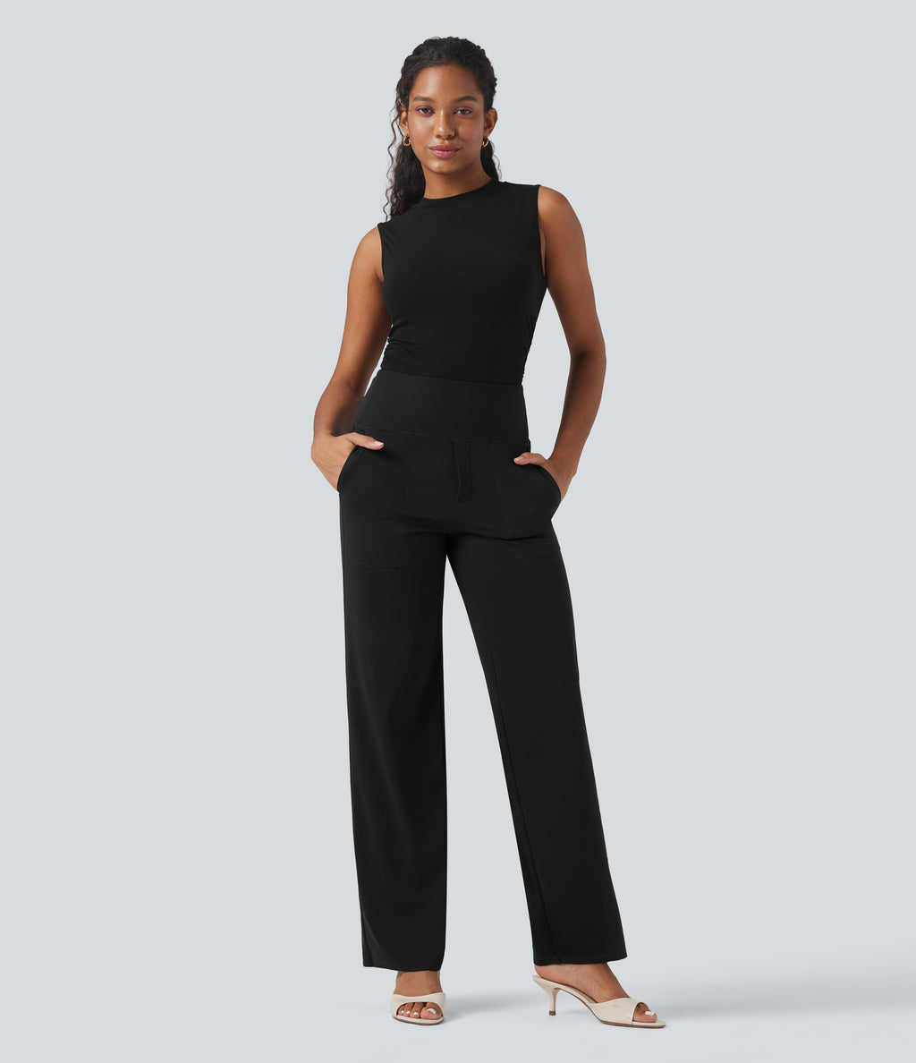High Waisted Tummy Control Straight Leg Work Trousers with Pockets — Black — view 7