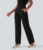 High Waisted Tummy Control Straight Leg Work Trousers with Pockets — Black — view 4