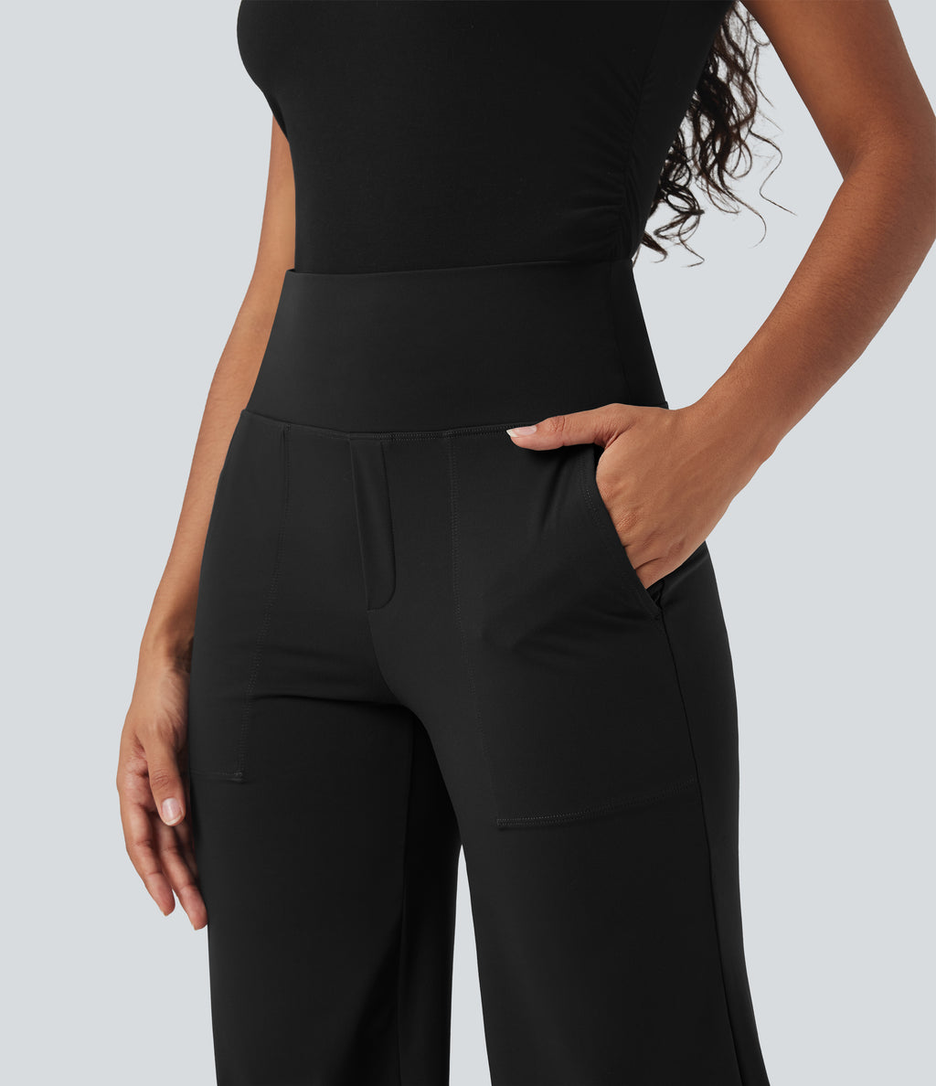 High Waisted Tummy Control Straight Leg Work Trousers with Pockets — Black — view 6